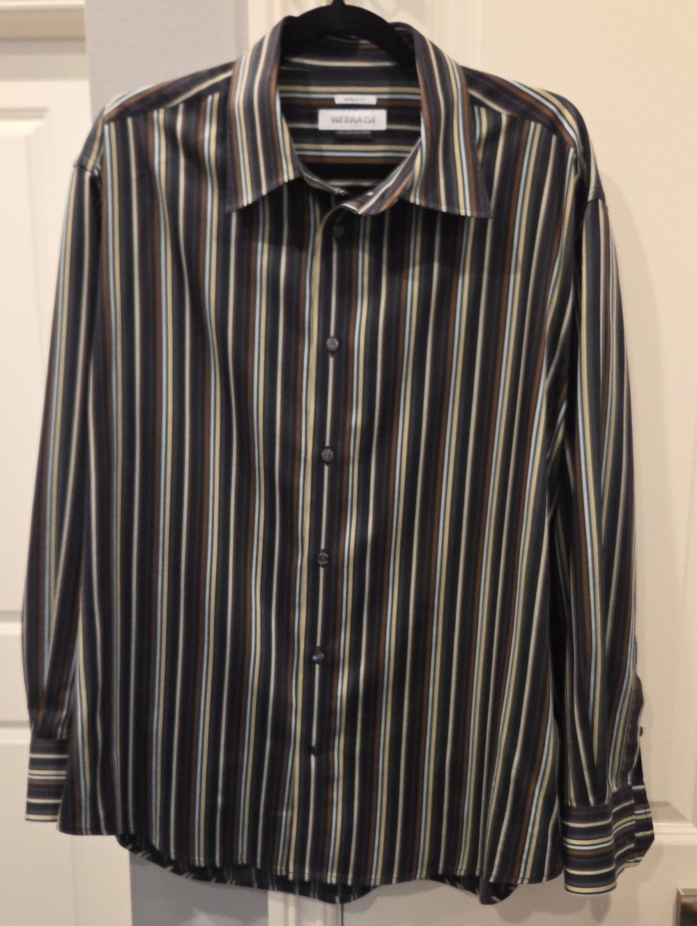 Versace Collection Men's Brown, Navy Multi-Stripe Long-Sleeve Dress Shirt